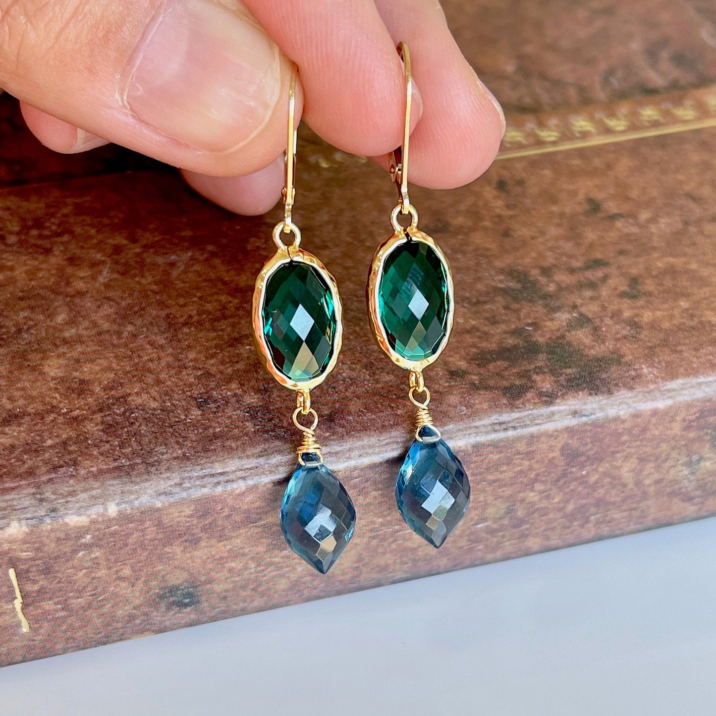 Emerald Quartz and Blue Topaz Earrings