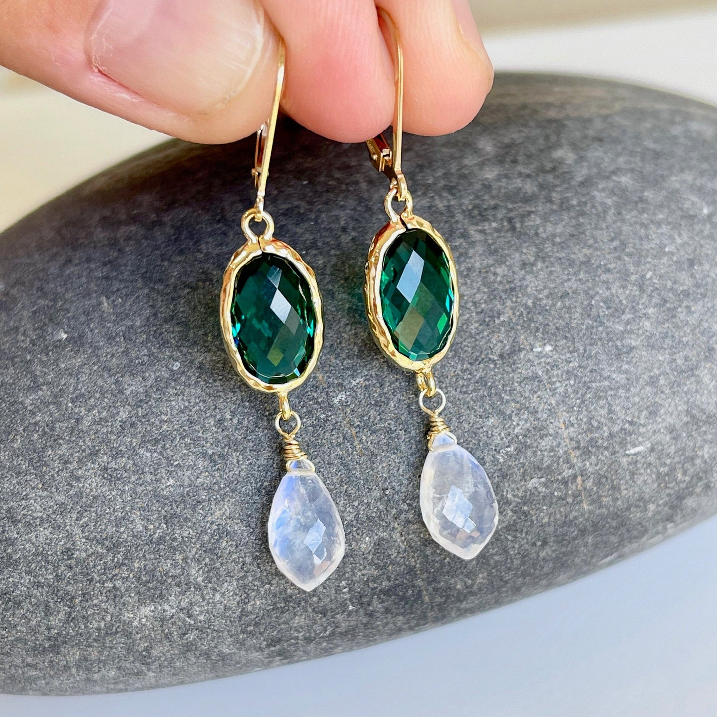 Emerald Quartz and Rainbow Moonstone Earrings