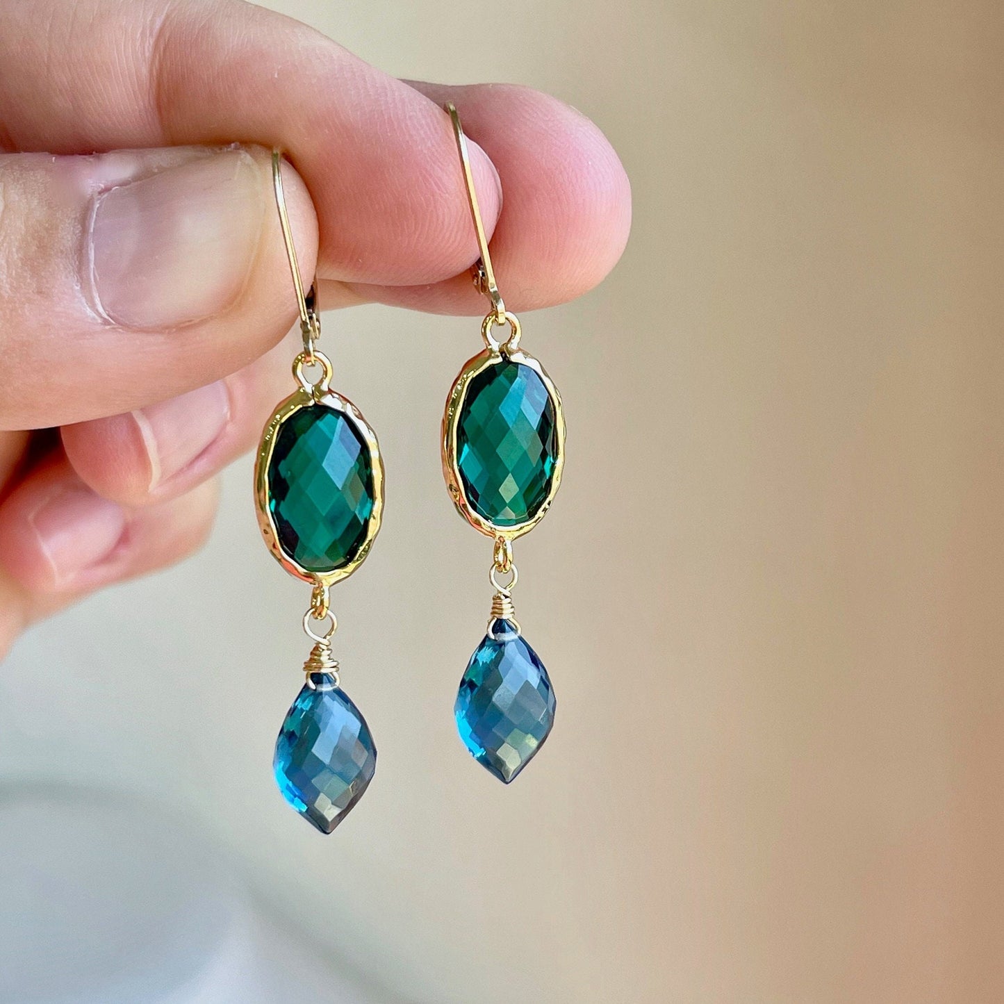 Emerald Quartz and Blue Topaz Earrings