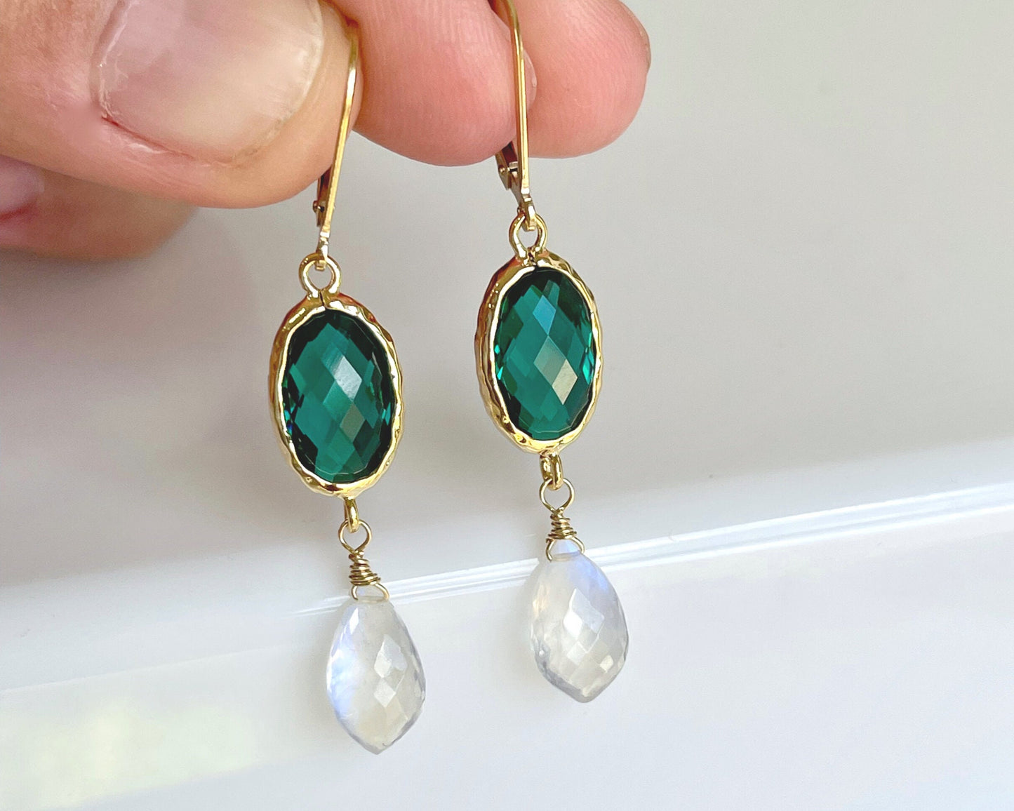 Emerald Quartz and Rainbow Moonstone Earrings