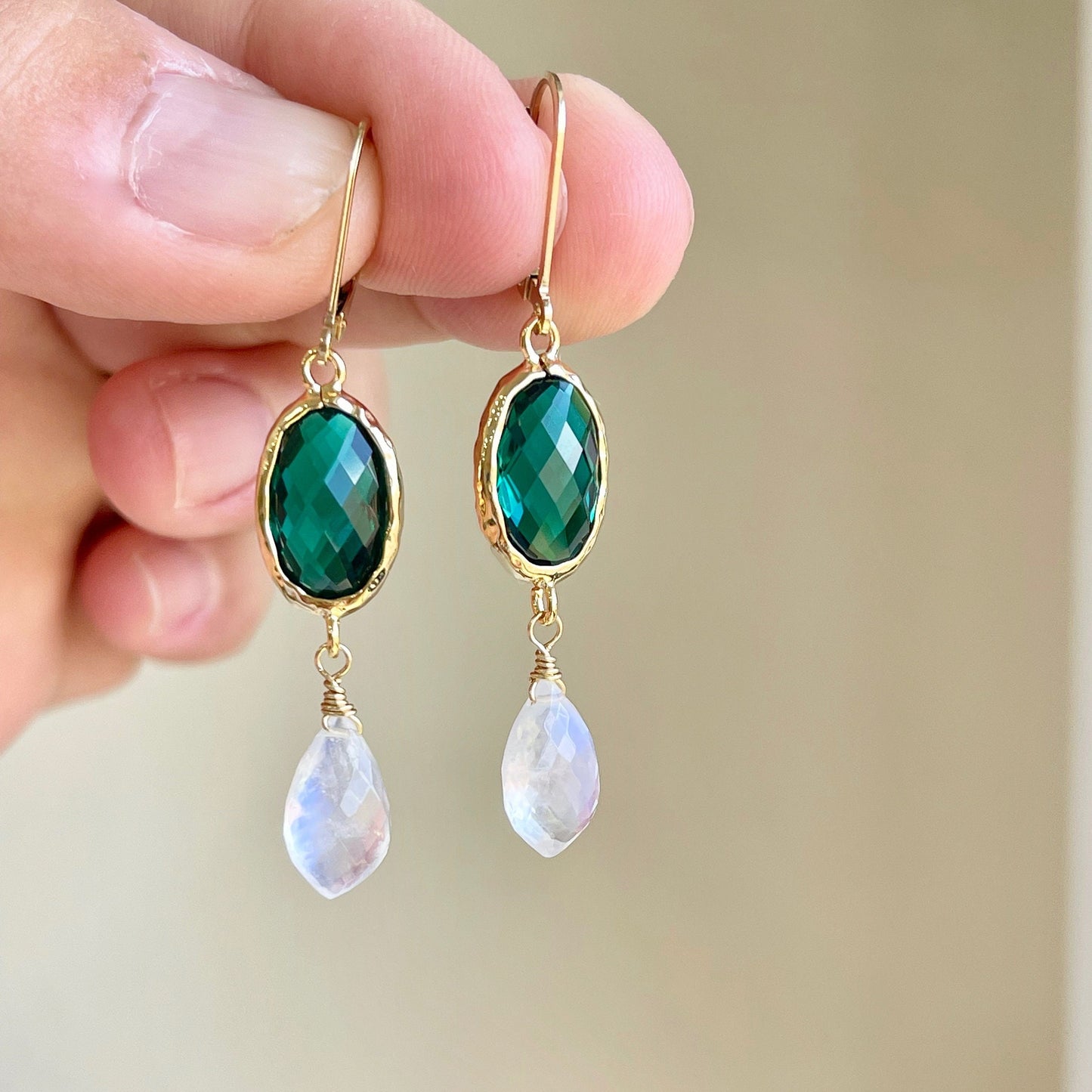 Emerald Quartz and Rainbow Moonstone Earrings