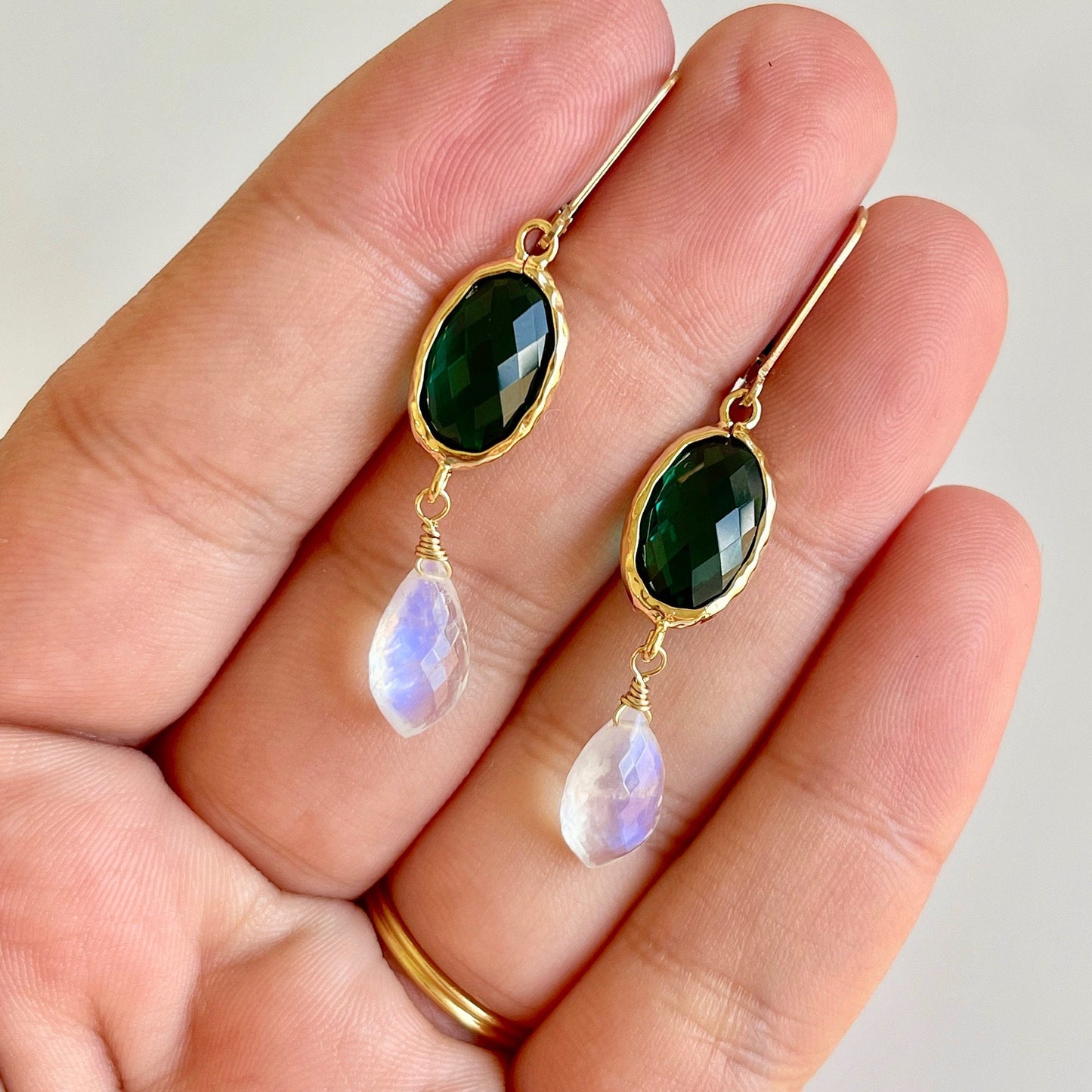 Emerald Quartz and Rainbow Moonstone Earrings